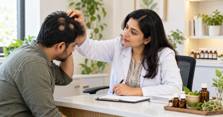 Alopecia areata consultation in Delhi with doctor examining patchy hair loss on patient’s scalp