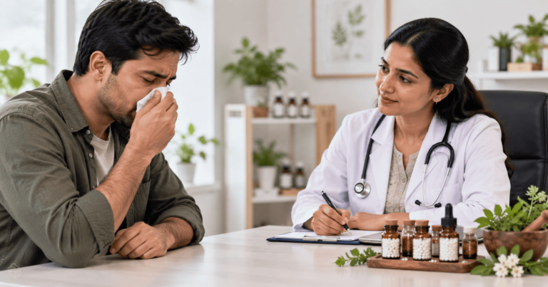 Patient consulting a homeopathic doctor for allergic rhinitis symptoms in Delhi